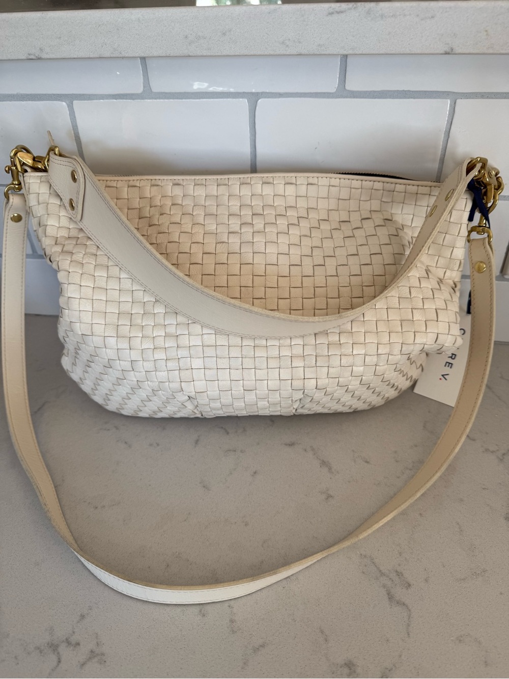 Clare V Cream Woven Leather Shoulder Bag